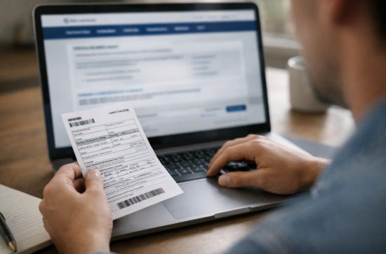 I am holding my ticket while checking it on my laptop.