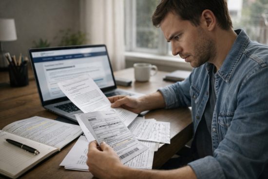 I am reviewing my ticket and documents at my desk