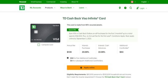 TD Cash Back Visa Infinite Card