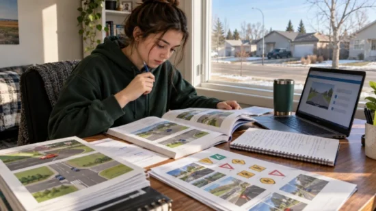 Studying Saskatchewan road rules and traffic signs
